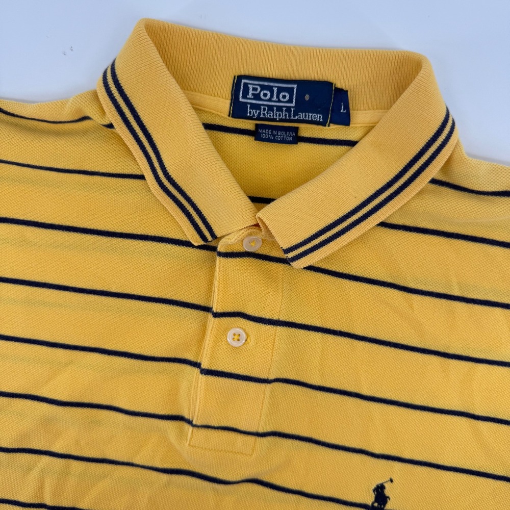 Polo Ralph Lauren Polo Shirt Men L Yellow Navy Striped Short Sleeve Cotton Pique - Picture 1 of 8